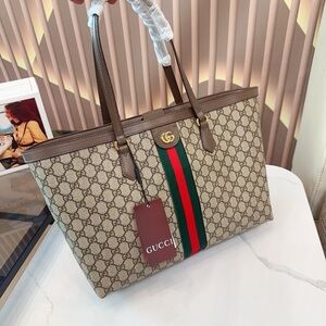 Gucci Beige and Brown Tote with Green and Red Stripe